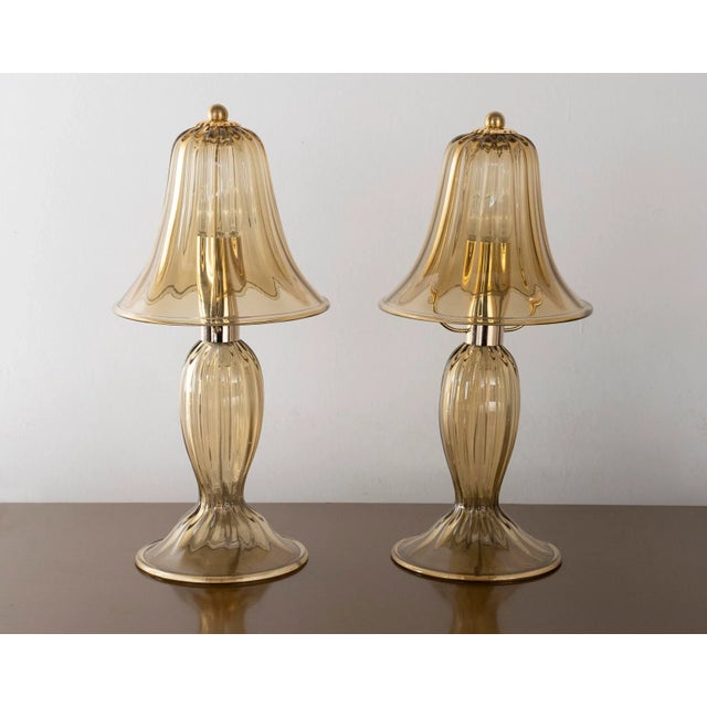 Set of 2 murano glass table lamp in smoky color and gold details, handmade made in italy venetian design lighting....