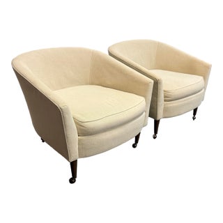 Mid 20th Century Barrel Back Slope Arm Chairs + Casters, Pair For Sale