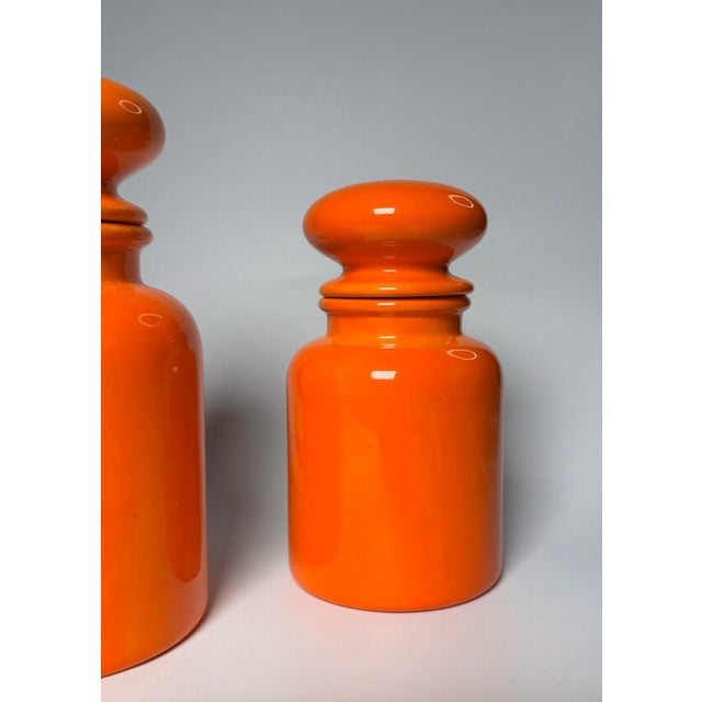 Vintage Mid Century Modern Bright Orange Apothecary Lidded Jars, Set of 3 For Sale - Image 4 of 9