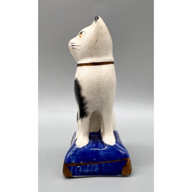 White Antique Black & White Cat Figurine on Blue Base – Staffordshire Pottery Style For Sale - Image 8 of 12