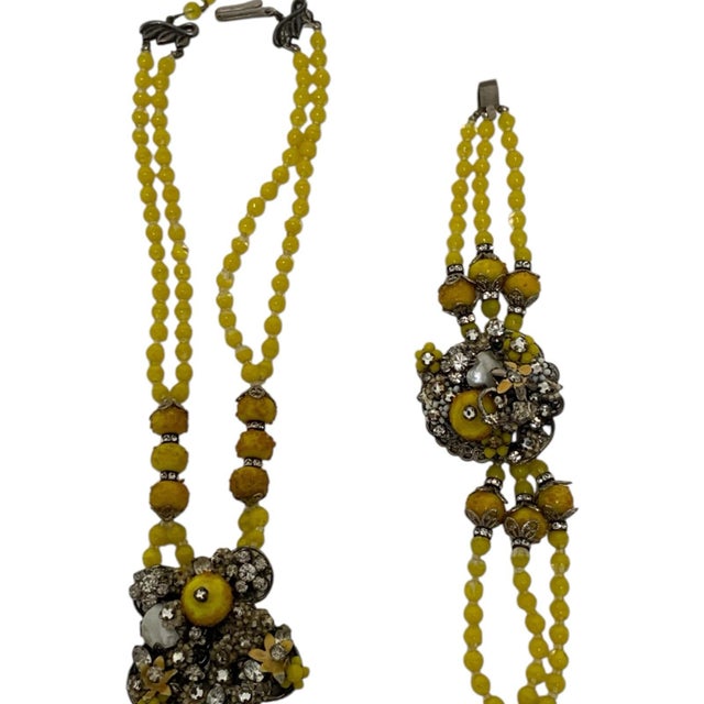Vintage Original by Robert Yellow Glass Bead Rhinestone 3 Pc. Parure Necklace Bracelet Earrings Usa C. 1940s–1955 For Sale In Palm Springs - Image 6 of 7