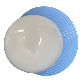 Vintage Blue Metal Wall Light with Opaline Globe 1970s Design Light Fixture For Sale