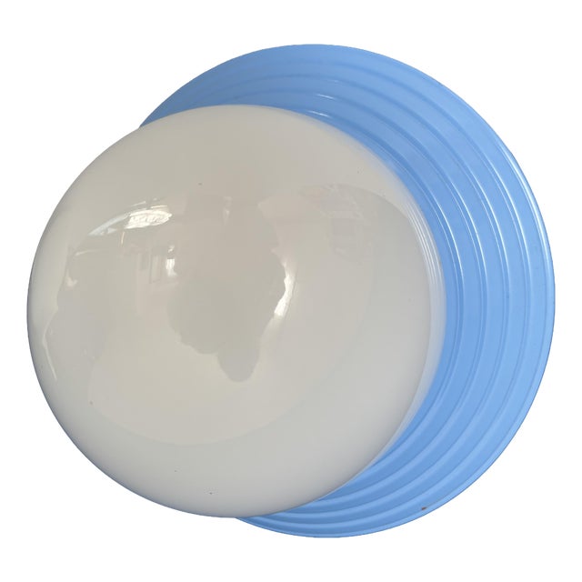 Vintage Blue Metal Wall Light with Opaline Globe 1970s Design Light Fixture For Sale