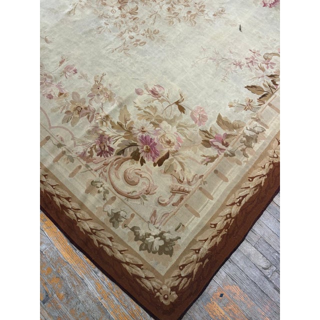 1850s Ivory Ground Floral Medallion Antique French Aubusson Flatweave Wool Rug For Sale - Image 4 of 8