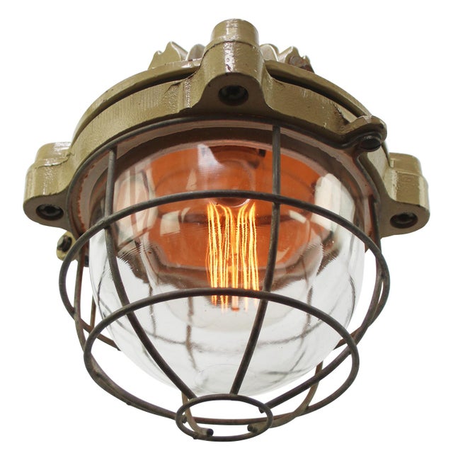 French industrial hanging lamp by mapelec amiens. 1966 brown / beige cast iron with cage clear glass heavy! 13.80 kg /...