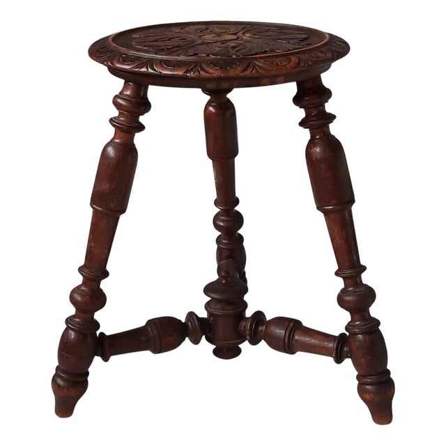 Antique Wooden Stool with Carved Seat, 1900s For Sale
