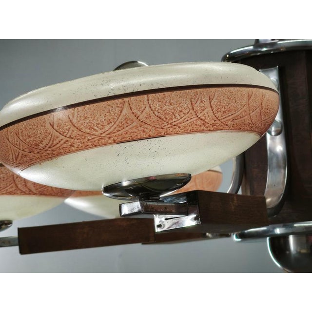Large Art Deco Wood and Glass Six-Light Chandelier in Chrome, 1930s For Sale - Image 14 of 16
