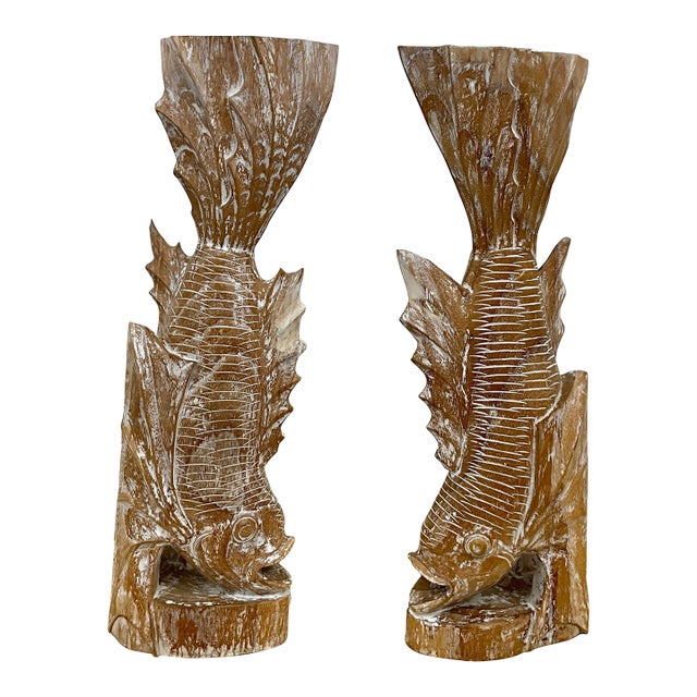 Pair of 1980s Hand-Carved Pine Fish Sculptural Bases or Console Supports, 28.5 For Sale