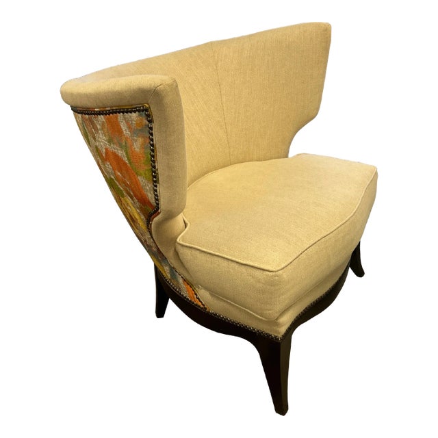 Cream Wing Chair With Multicolored Back For Sale