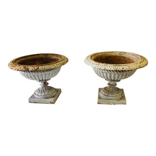 Large Pair Antique White & Rust Neoclassical Iron Garden Planters Early 20th Century For Sale