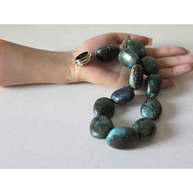 Vintage Arizona Chrysocolla Statement Necklace, Large Natural Gemstone Beads, Sterling Silver Karl Lagerfeld Clasp, Boho Jewelry For Sale - Image 10 of 10