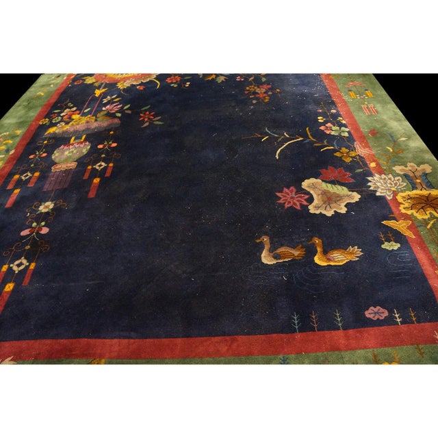 1920s 1920s Navy Blue Floral Vase Antique Chinese Art Deco Carpet 8' 10" X 11' 6" Rug For Sale - Image 5 of 8