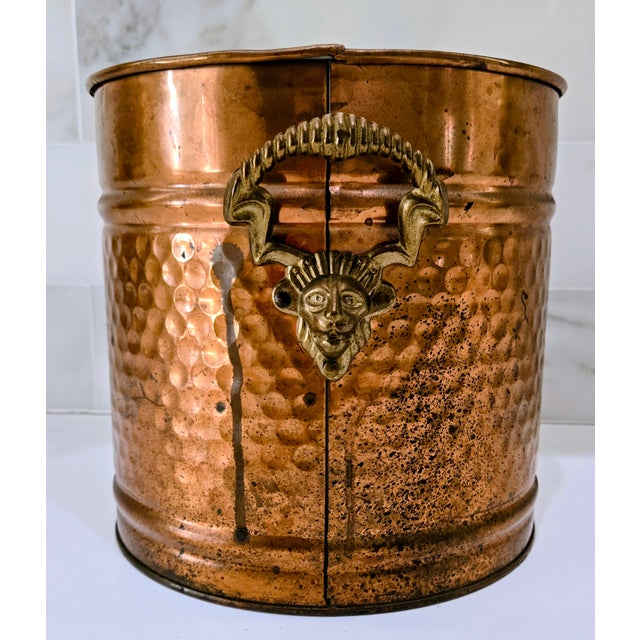 Metal Vintage Hammered Copper Coal Scuttle Bucket With Brass Satyr Handle – Fireplace, Hearth, or Umbrella Stand For Sale - Image 7 of 11