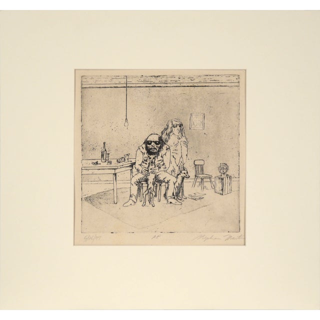 1970's modernist etching of a man and woman at home with their dogs by Stephen Martin (American, 20th Century). The...