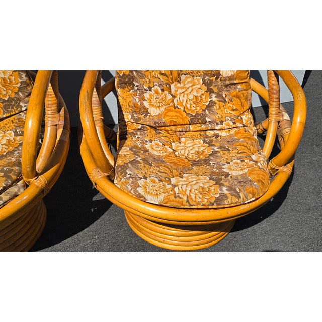 1970's Pair of Vintage Bamboo Rattan Mid Century Modern Swivel Orange Chairs For Sale - Image 11 of 18