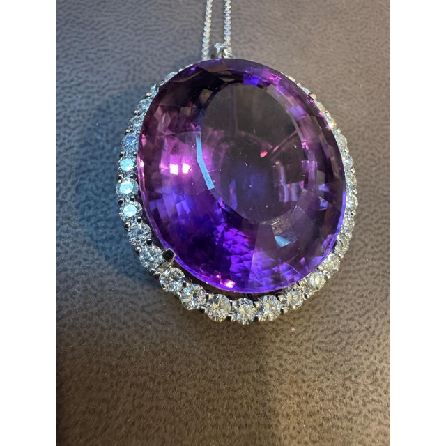80 Carat Amethyst & 3.5 ct Diamond Pendant Necklace 14 Karat White Gold + Chain For Sale - Image 11 of 18