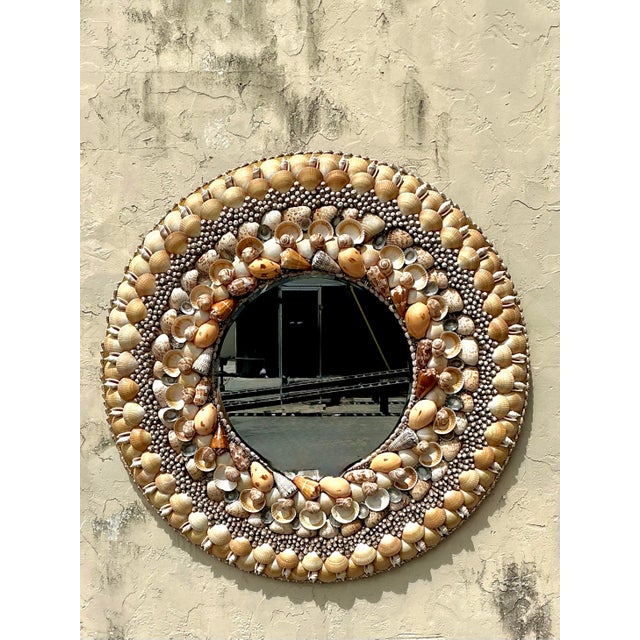 Tan Vintage Monumental Shell Encrusted Round Mirror For Sale - Image 8 of 12