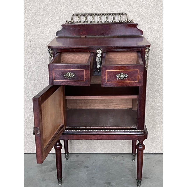 Wood Pair of Italian Marquetry Nightstands With Bronze Crest, Drawers and Doors For Sale - Image 7 of 13