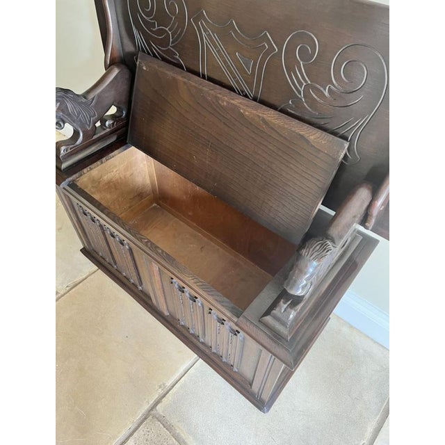 Antique Carved Oak Monks Bench, 1920s For Sale - Image 6 of 14