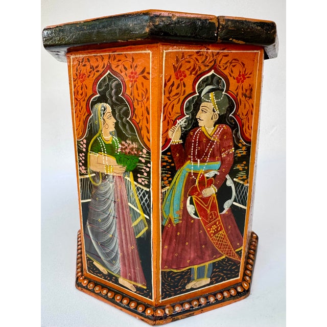 Mid 20th Century Vintage Indian Mughal Style Hand Painted Octagonal Dowry Box For Sale - Image 5 of 15