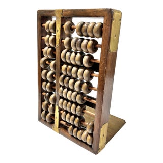 Vintage Wood & Brass Abacus Bookend With Movable Beads For Sale