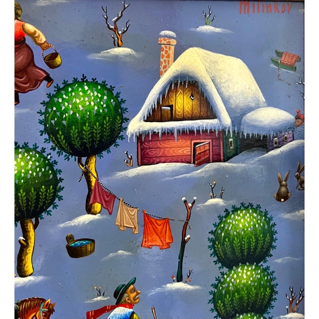 Early 20th Century Ljubomir Milinkov, Folk Art Naive Oil Painting Ljubomir Milinkov Whimsical Pastoral Farm Landscape For Sale - Image 5 of 18