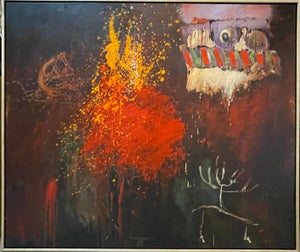 Roger Van Ouytsel, Large Abstract Oil Painting Belgian American Artist Roger Van Ouytsel Menorah, 1987