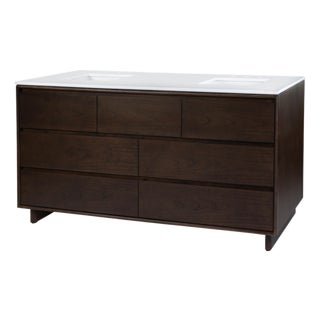 Halmstad 72 in. W Rectangular Wood Double Sink 5 Drawer Bathroom Vanity Set, Walnut For Sale