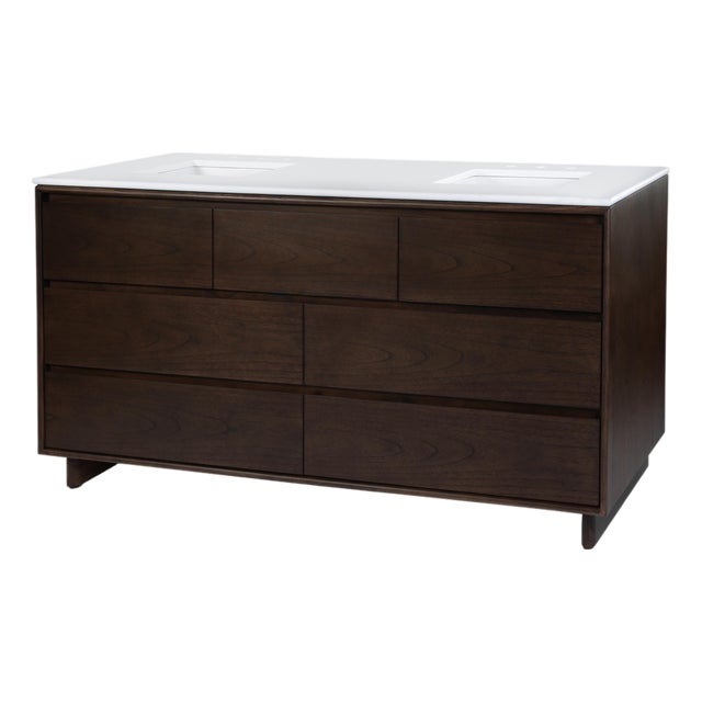 Halmstad 72 in. W Rectangular Wood Double Sink 5 Drawer Bathroom Vanity Set, Walnut For Sale