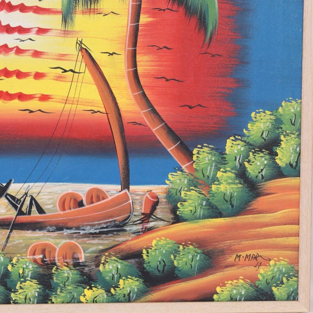 Vintage Haitian Painting Boats in Sunset by M. Mar For Sale - Image 4 of 9