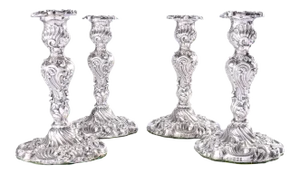 1825 English George IV Waterhouse Hodgson & Co. Repousse Rococo Sterling Silver Candlesticks- Set of 4