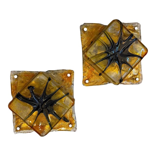 Two Rare 1970s Mazzega Space Age Square Murano Glass Wall or Ceiling Lights For Sale