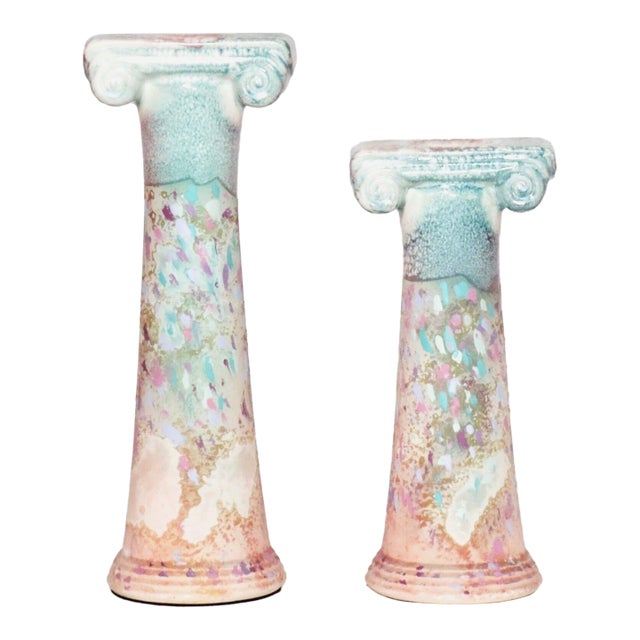 1980s Tony Evans Sculptural Raku Pottery Column Candlesticks - a Pair For Sale