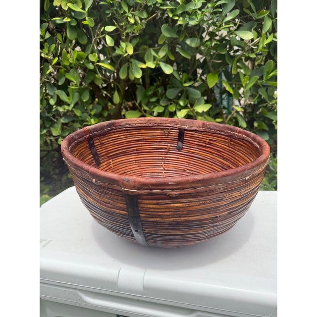 Wood Vintage 17.5” Handmade Primitive Pencil Rattan Basket With Leather Rim For Sale - Image 7 of 12
