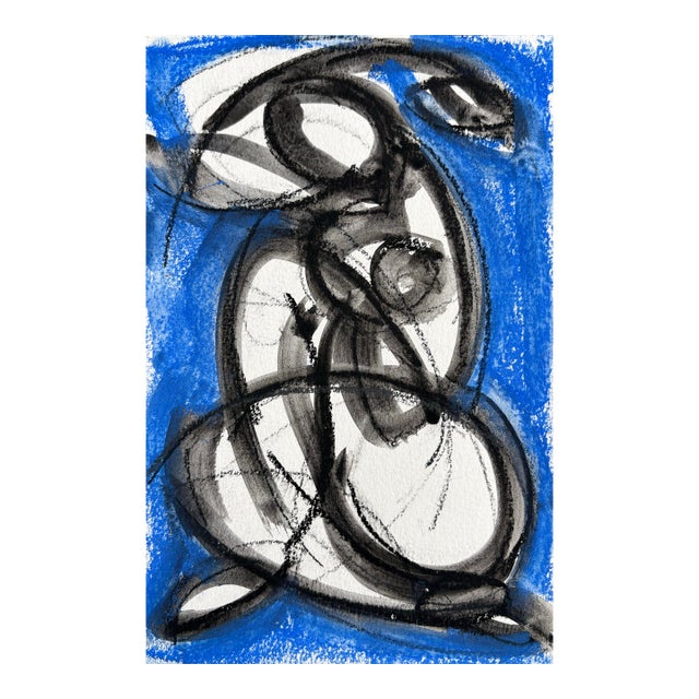 Blue Woman Seated Pose, Blue, Black Acrylic and Charcoal on Paper. For Sale