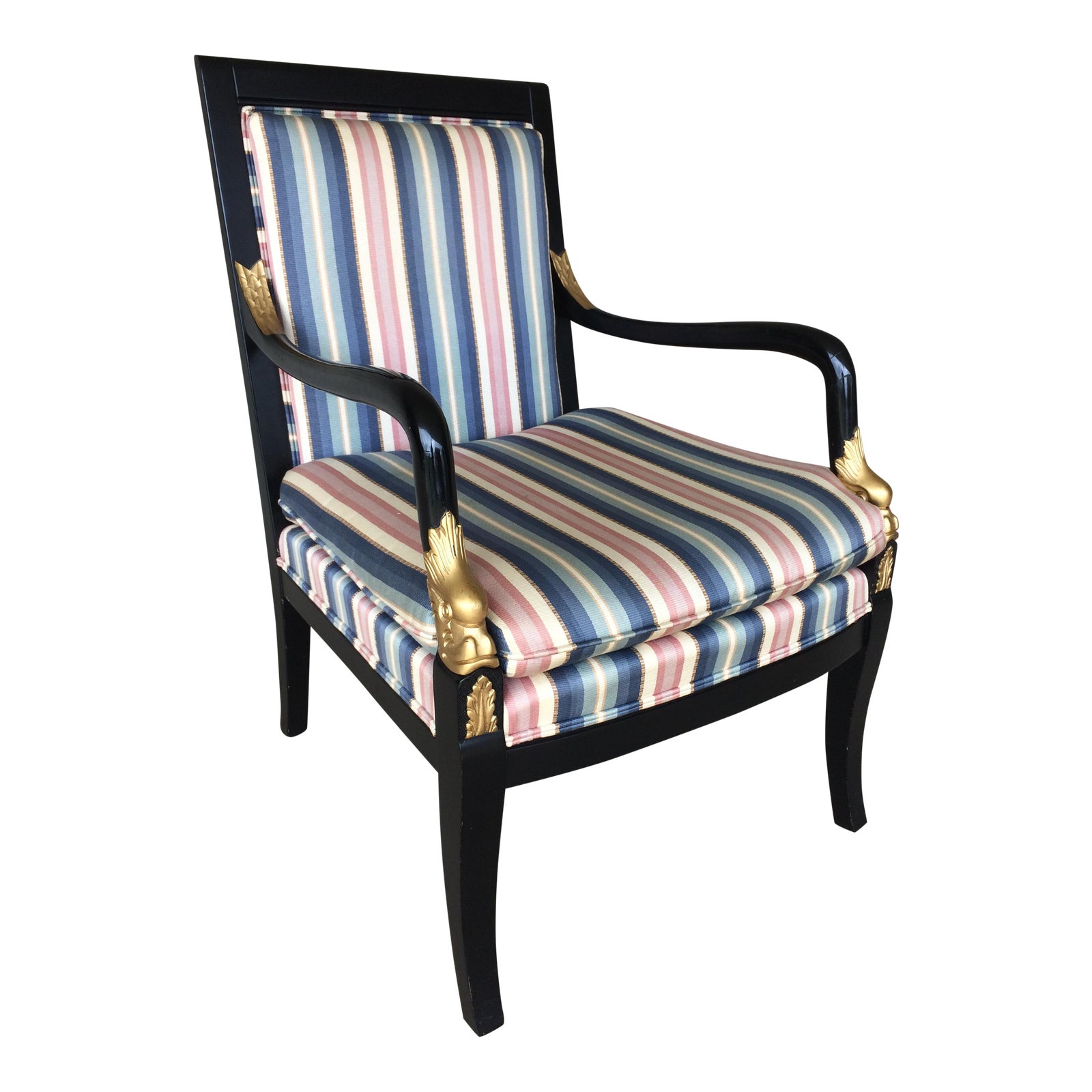 Ethan Allen Dolphin Federal Black/Gold Trim Upholstered Arm Chair