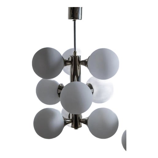 Modern Art Deco Chrome Chandeliers with 9 White Opal Glass Globes from Kaiser, 1970s, Set of 2 For Sale