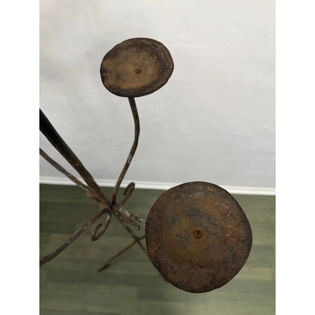 Rustic Wrought Iron Floor Candelabra, Five-Light Hand-Forged Candle Stand, Mid-20th Century For Sale In San Francisco - Image 6 of 9