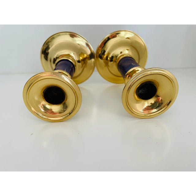 1950s Hollywood Regency Style Brass and Enamel Candle Holders- a Pair For Sale - Image 4 of 10