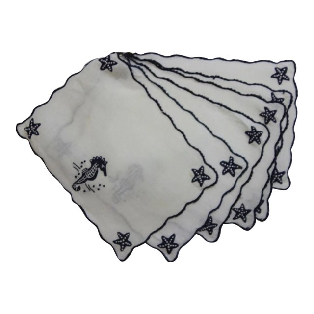 Set of 6 Vintage Madeira Linen Navy Seahorses & Starfish Cocktail Napkins For Sale