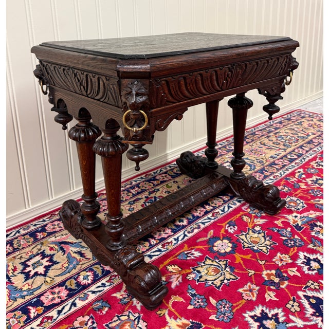Wood Antique French Oak Renaissance Revival Library Dolphin Table Desk C. 1880s For Sale - Image 7 of 18