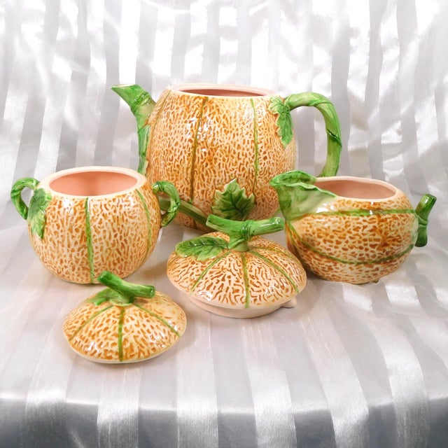 Contemporary 1980s Cantelope Shaped Tea Pot, Sugar Bowl and Creamer by the Haidon Group For Sale - Image 3 of 6