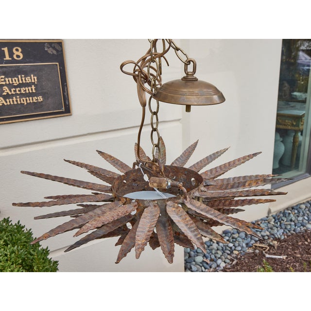 Mid 20th Century Spanish Gilt Metal Sunburst Chandelier with Frosted Glass For Sale - Image 9 of 11