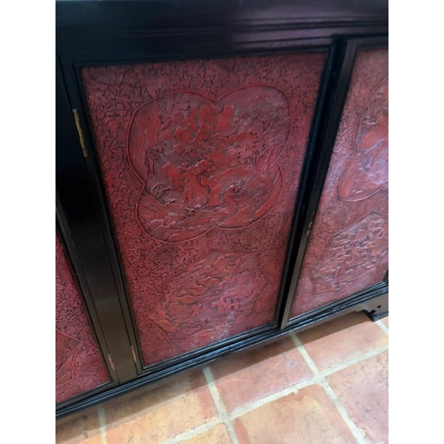 1950s Rare Large Asian Black Lacquer & Cinnabar Four Door Server, Console 70 Inch Long For Sale - Image 9 of 9