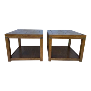 Late 20th Century Drexel Heritage Pecan Campaign Style End Tables - a Pair