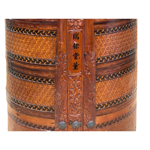 Vintage Oriental Handmade Brown Rattan Stack Basket With Handle For Sale - Image 11 of 11