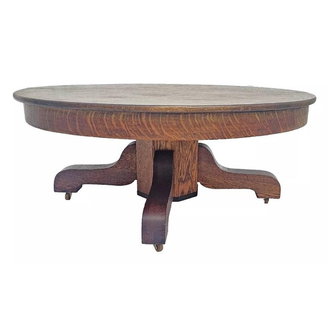 Brown Antique 1910s Mission Quarter Sawn Tiger Oak Round Coffee Table, Arts & Crafts For Sale - Image 8 of 12