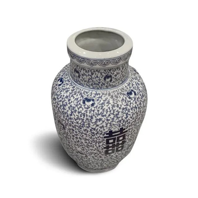 Asian Blue & White Double Happiness Porcelain 17" Height Vase can be use for indoor and outdoor. This piece used high fire...