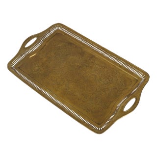 Vintage Brass Tray with Floral Decoration For Sale