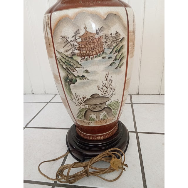 1930s Asian Ceramic + Wood Satsuma Crackle Glaze Hand Painted 32" Lamp For Sale - Image 11 of 15